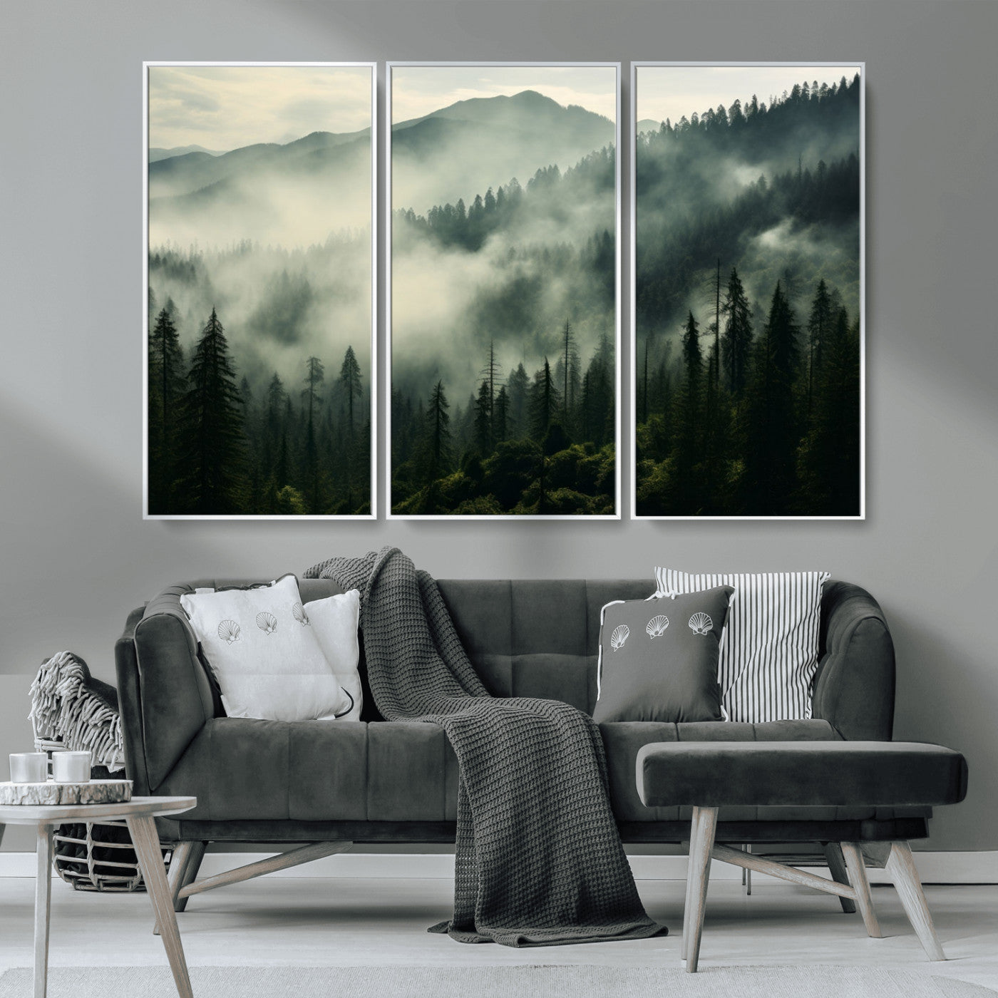 MGV-FC-48X32-3P - Captivating Misty Forest Wall Art Premium Canvas Print a Foggy and Serene Atmosphere