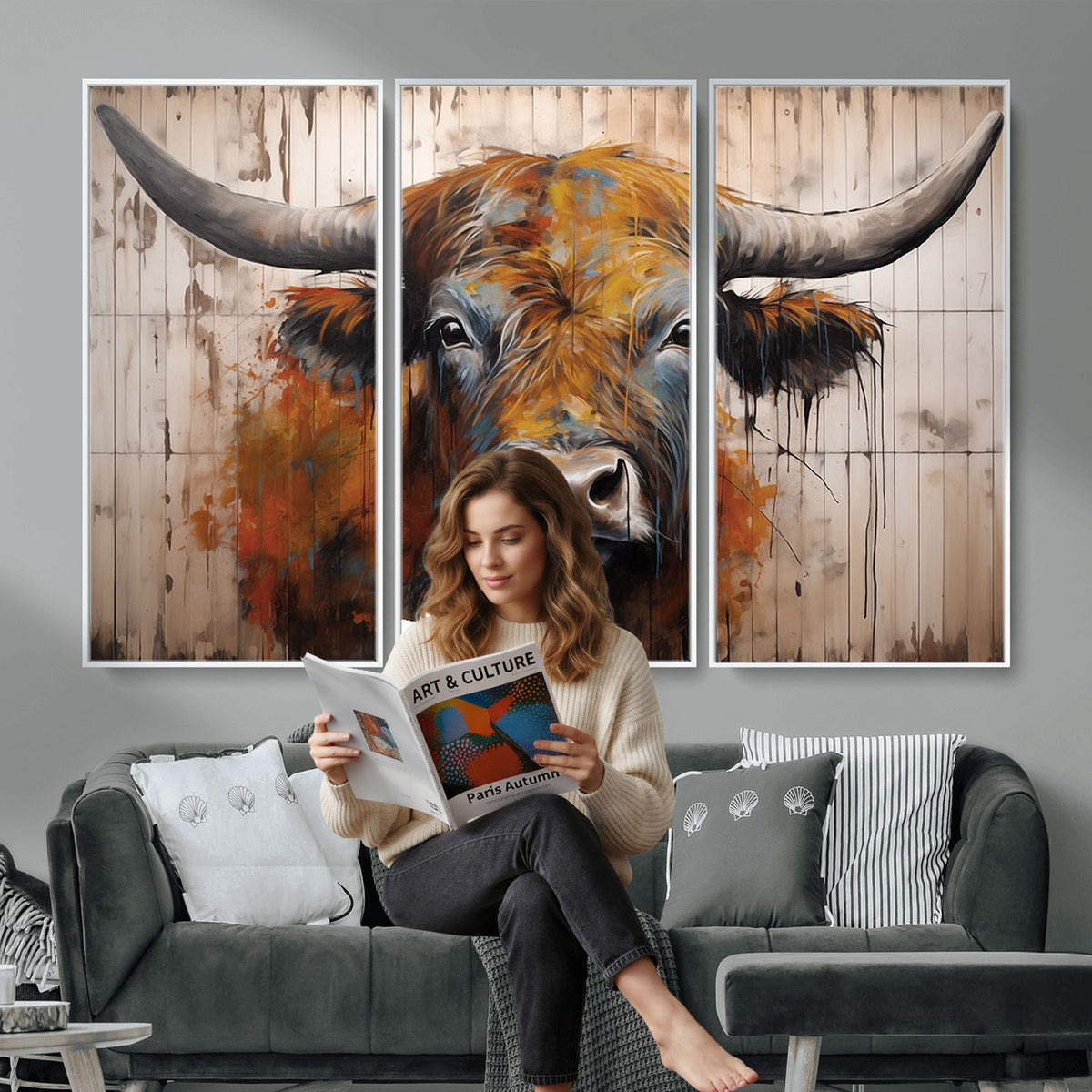 47284-MGV-CV-24X16 - Abstract Bull Highland Cow Canvas Wall Art Print