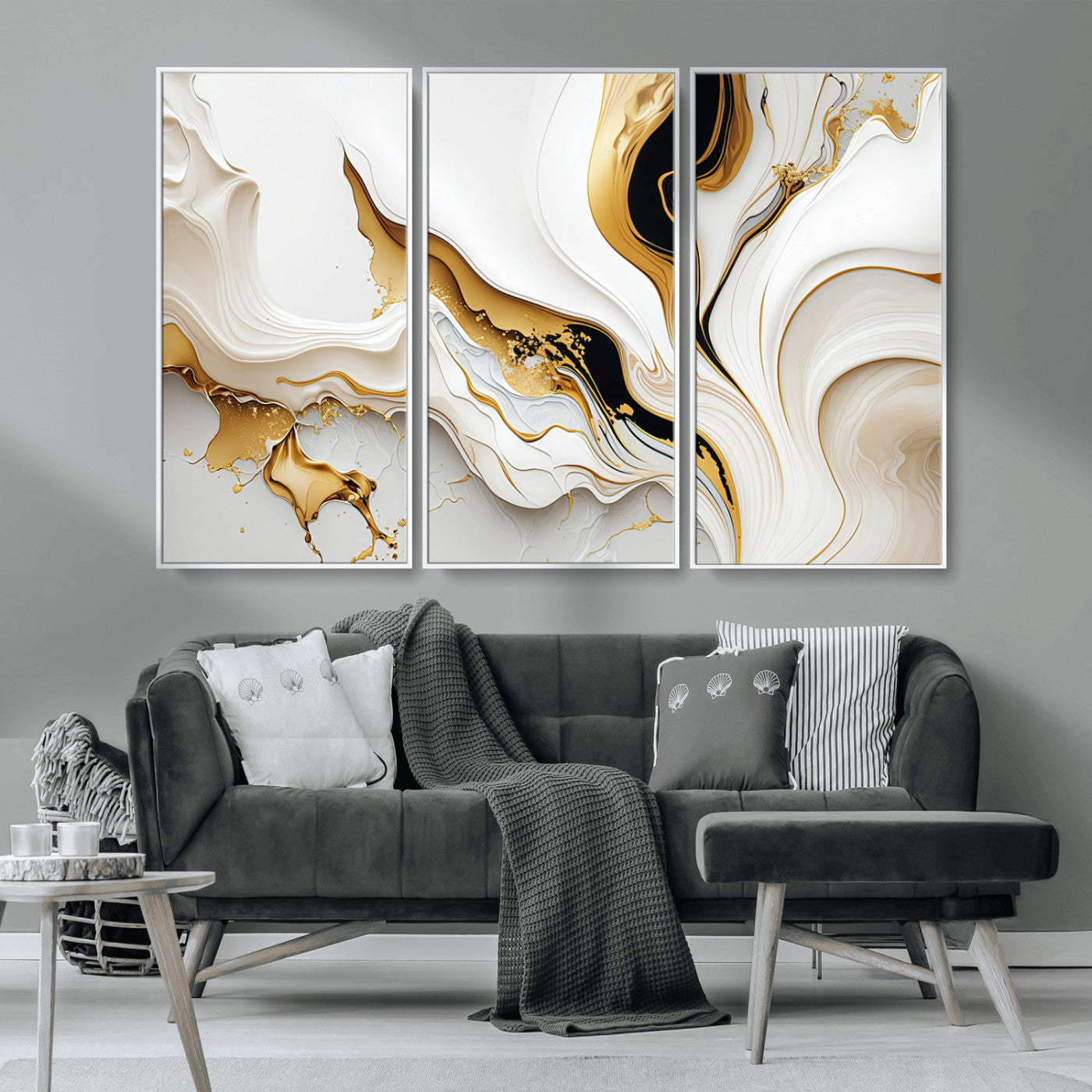 -Gold Waves on Pure White Canvas – Gold Abstract Art for Modern Interiors | Wall Art Canvas, Framed &