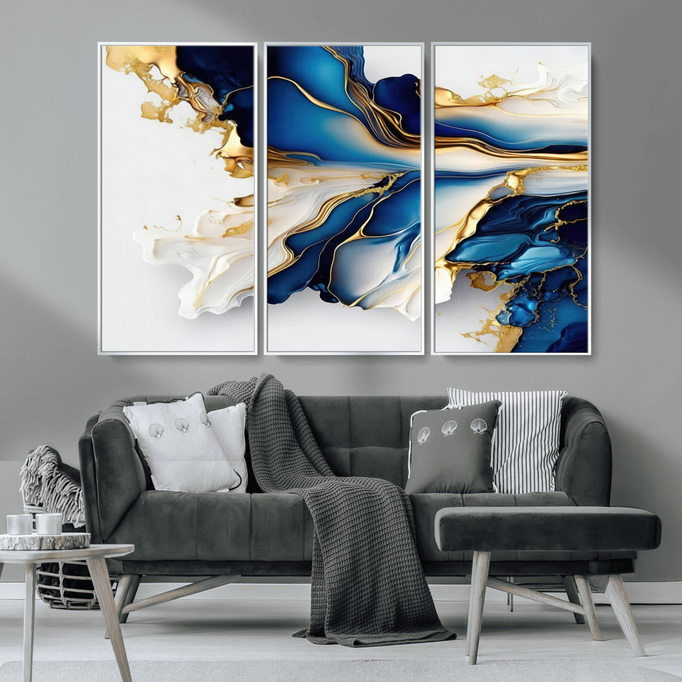 MGV-FC-48X32-3P - Gold Marble Art - Abstract Geode Gold And Blue Marble Shape 3 Pieces Wall Art Canvas Print