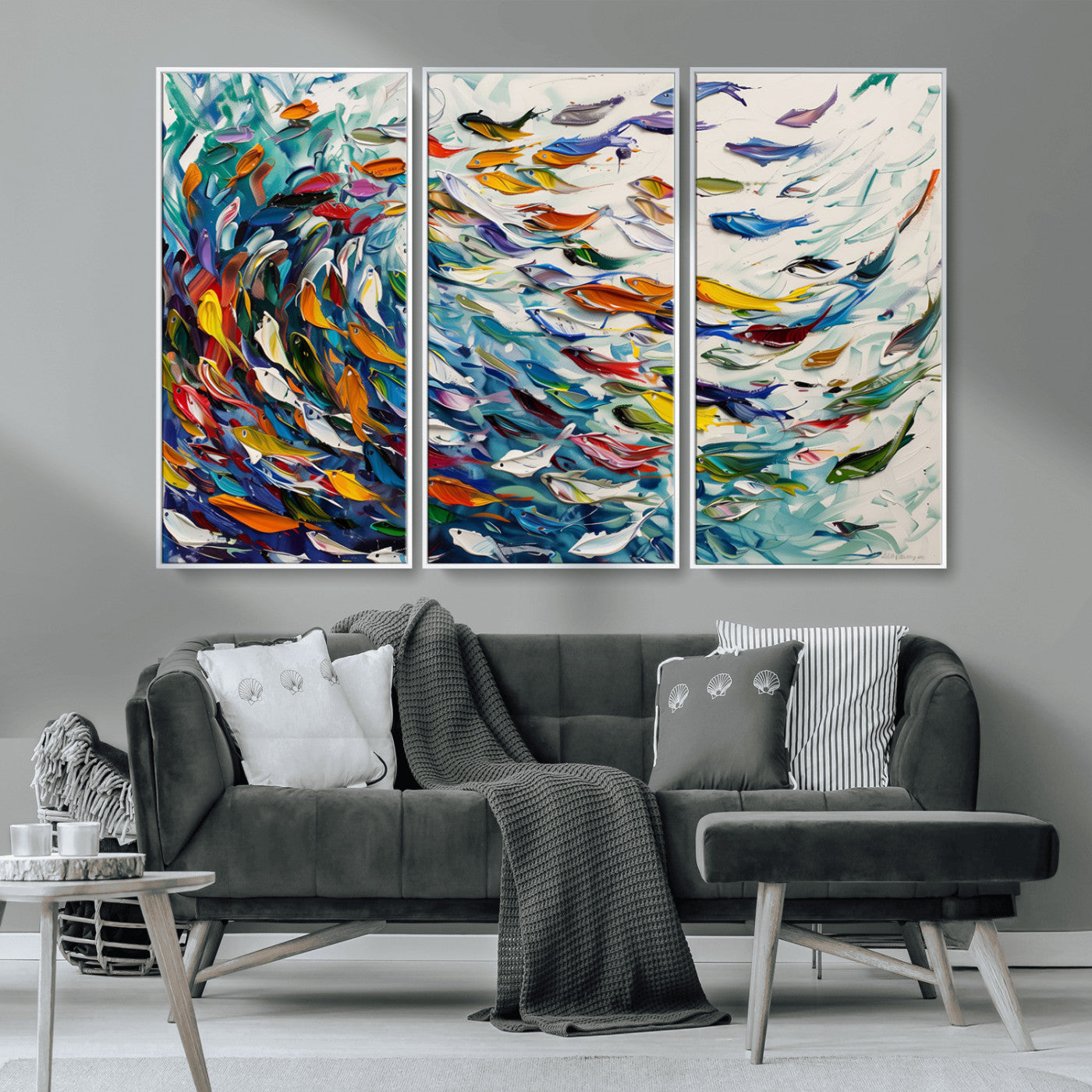 MGV-FC-48X32-3P - Modern Abstract Fish Shoal Wall Art Canvas Print, Colorful Fish Herd Painting on Canvas Print, Ocean