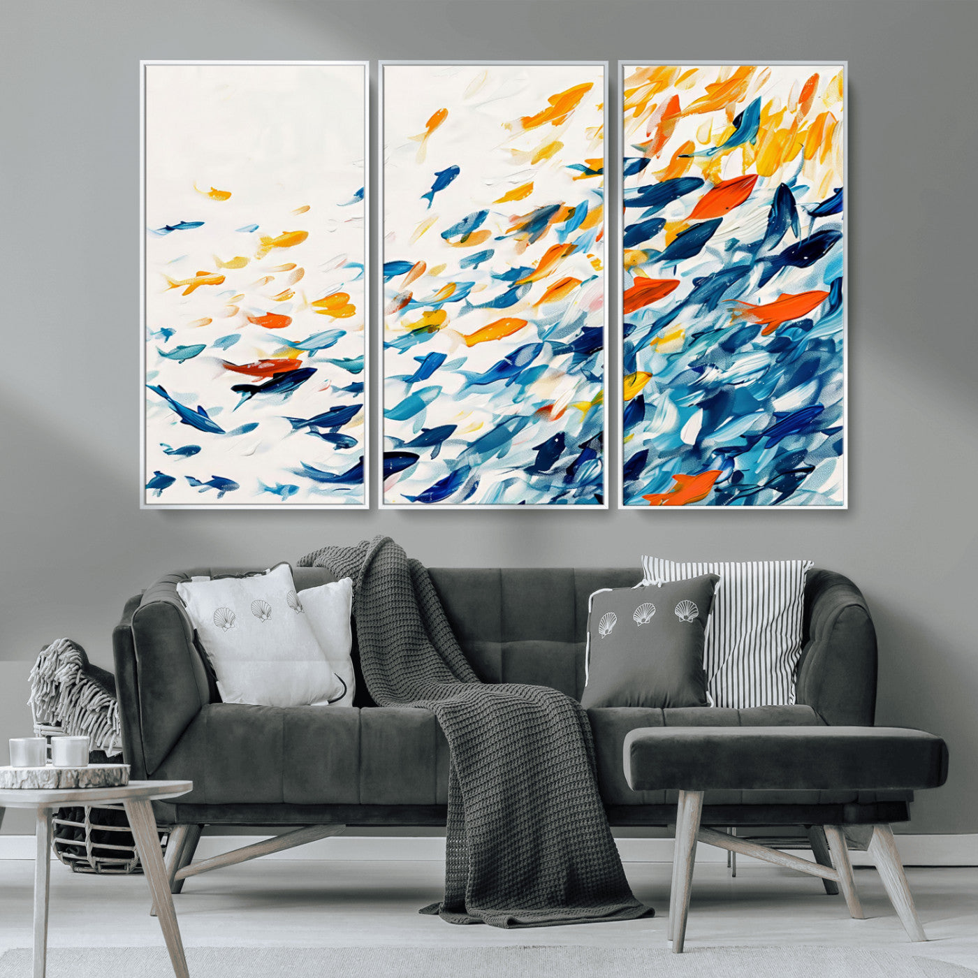 MGV-FC-48X32-3P - Abstract Fish Shoal Wall Art Canvas Print, Colorful Fish Herd Painting on Canvas Print, Ocean Animal