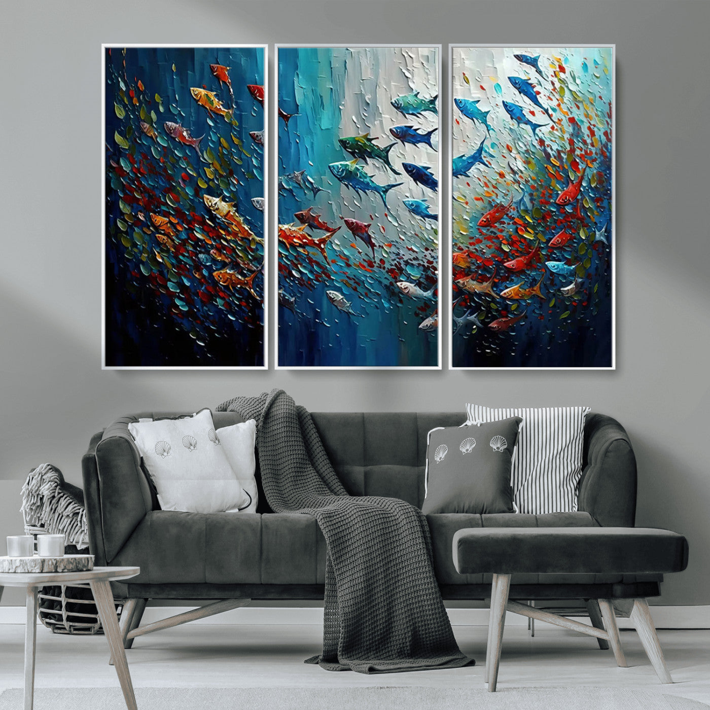 MGV-FC-48X32-3P - Modern Abstract Fish Shoal Wall Art Canvas Print, Colorful Fish Herd Painting on Canvas Print, Ocean