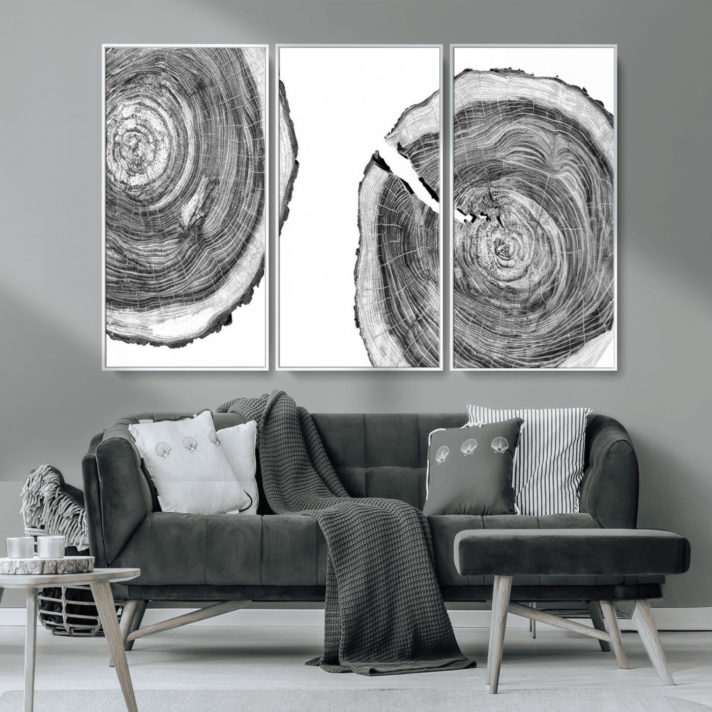 MGV-FC-48X32-3P - Modern Black and White Tree Rings Canvas Wall Art – Nature Inspired Wood Slice Print – Minimalist