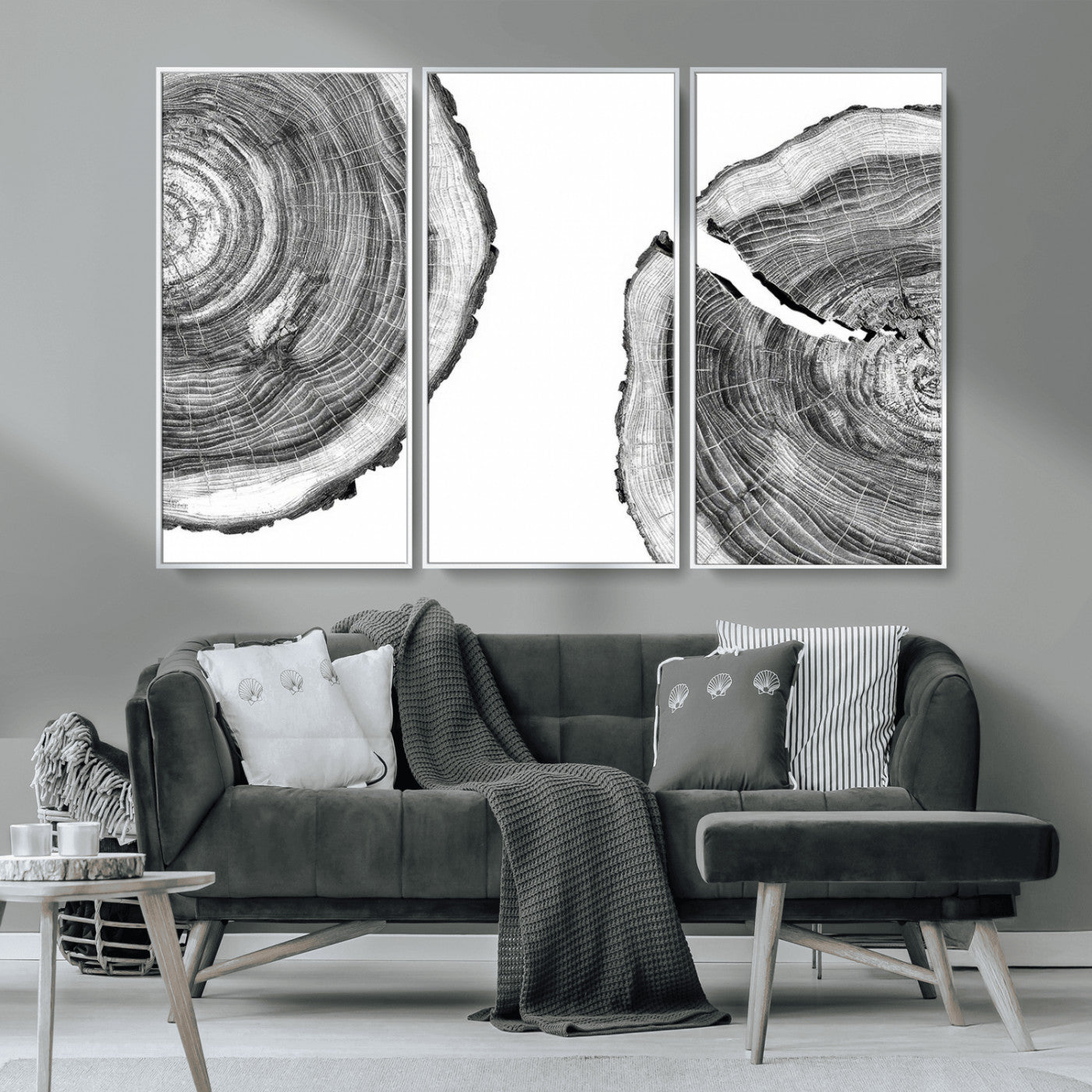 MGV-FC-48X32-3P - Abstract Large Tree Rings – Minimalist Black and White Wood Art | Triptych Canvas, Modern Wall Decor