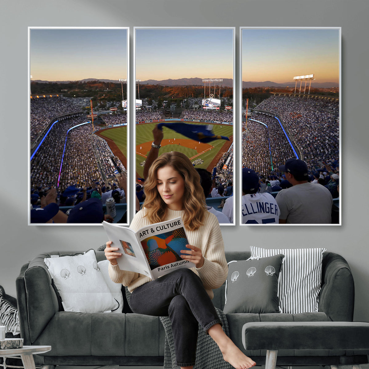 60162-MGV-CV-36X24 - Dodger Stadium Sunset Game Triple Canvas Wall Art, Los Angeles Dodgers MLB Match