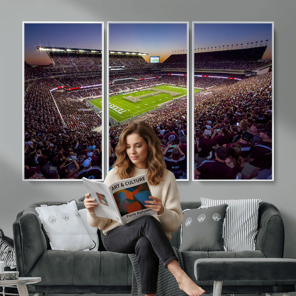 25148-MGV-CV-36X24 - Texas A&M University Aggies Football Team Print, College Station Kyle Field, Framed and Ready to Hang