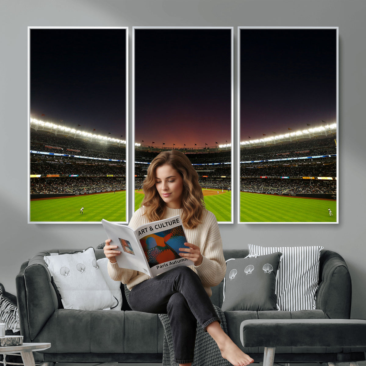 59138-MGV-CV-36X24 - Yankee Stadium Night Game Triple Canvas, New York Yankees Stadium Wall Art