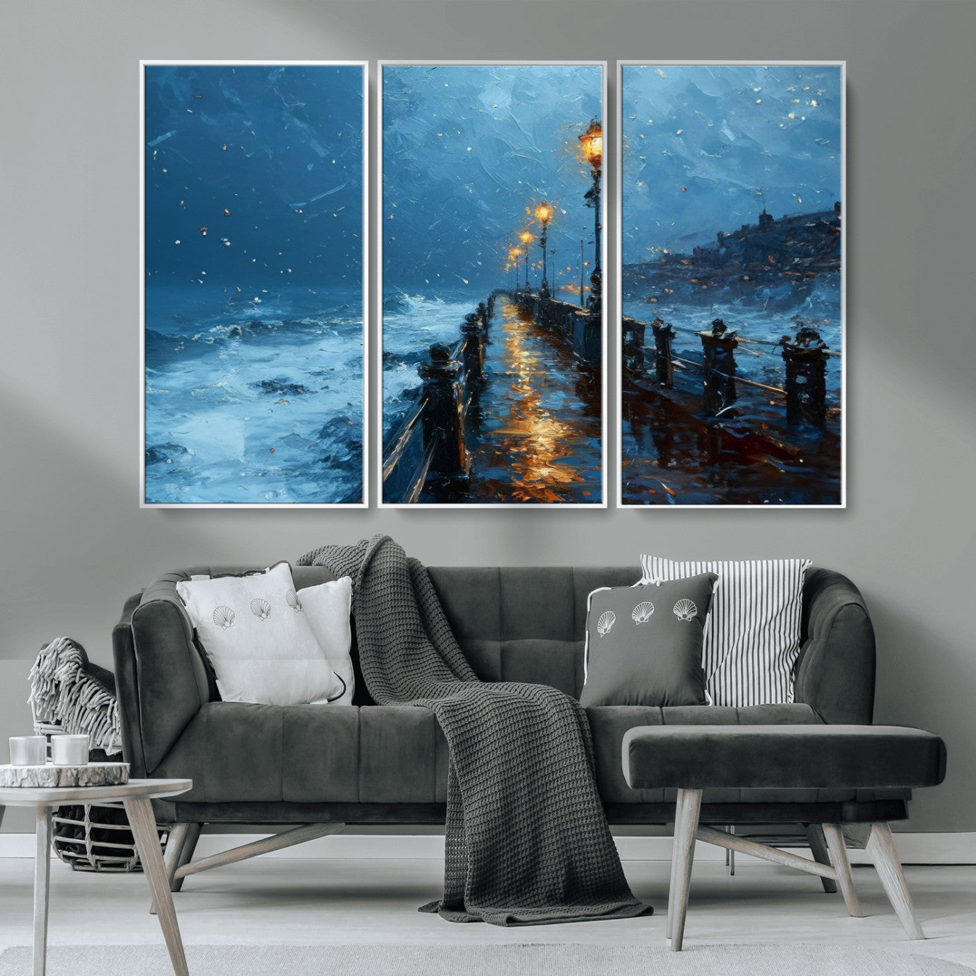 MGV-FC-48X32-3P - Stormy Night at Beach Pier Oil Painting Large Wall Art Print, Framed Canvas Nature Wall Decor,
