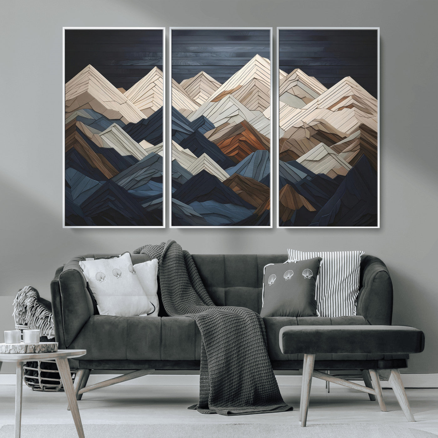 MGV-FC-48X32-3P - Mountain Range Art Wood Style Wall Art - Ready to Hang 3-Piece Set for Modern Rustic Decor, Abstract