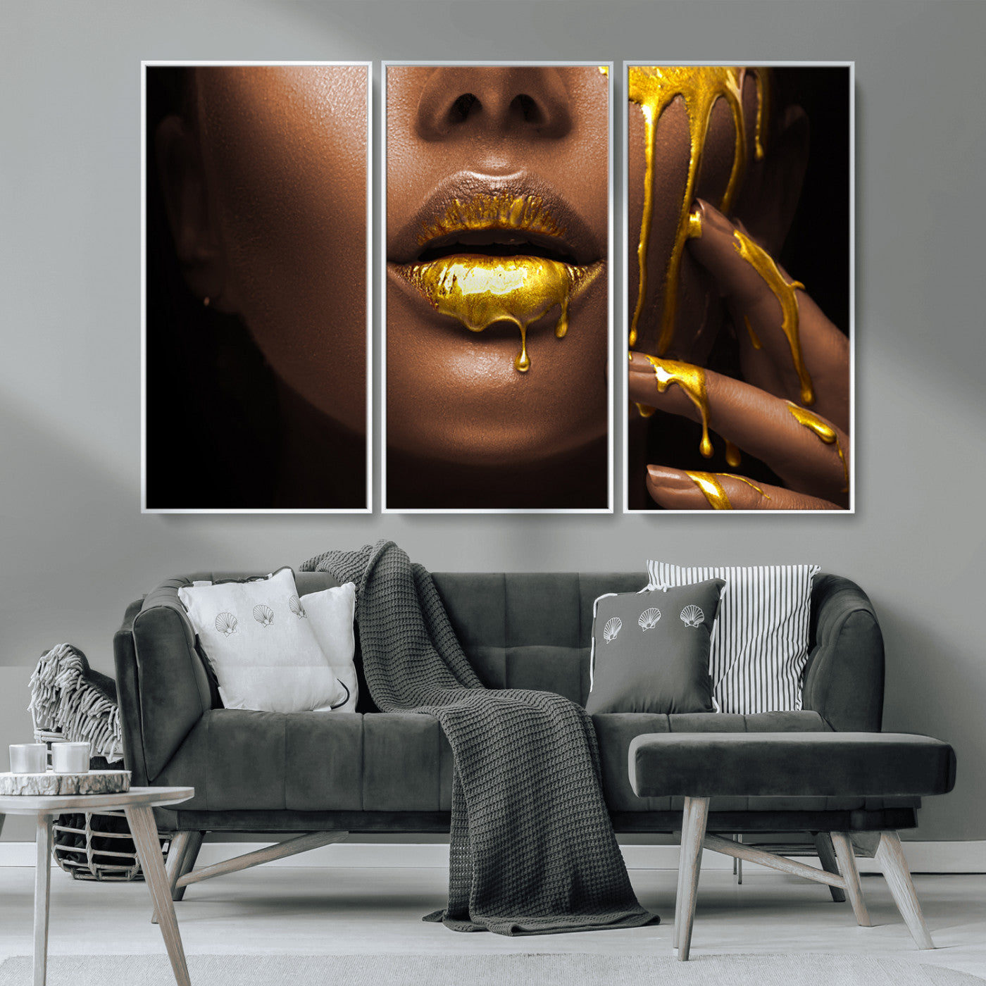 MGV-FC-48X32-3P - African American Art Black Woman Canvas Print, African Wall Art, Fashion African Woman Gold Lips