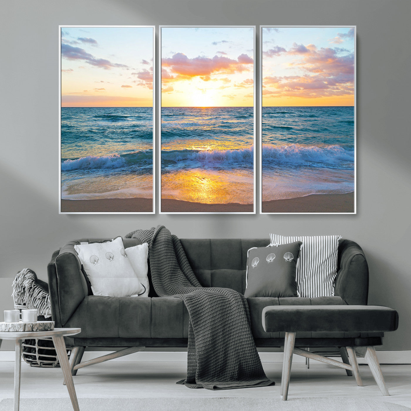 MGV-FC-48X32-3P - Golden Sunset Over Ocean Waves - Serene Coastal Triptych Wall Art for Relaxing Home Decor, Ready to