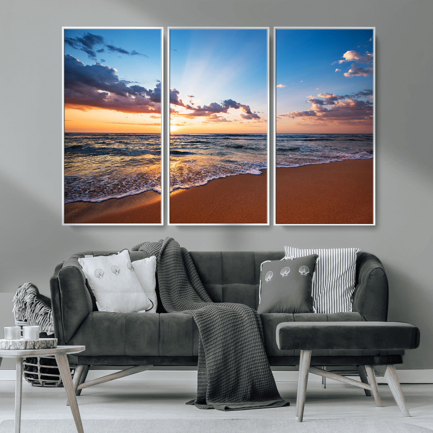 MGV-FC-48X32-3P - Golden Hour Beach Sunset Wall Art | Canvas Print | Ready to Hang | Coastal Wall Art for Living Room