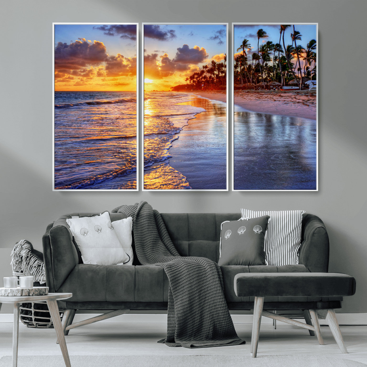 MGV-FC-48X32-3P - Serene Beach Sunset Wall Art Canvas- Coastal Seascape Print for Living Room or Bedroom, Ocean Waves