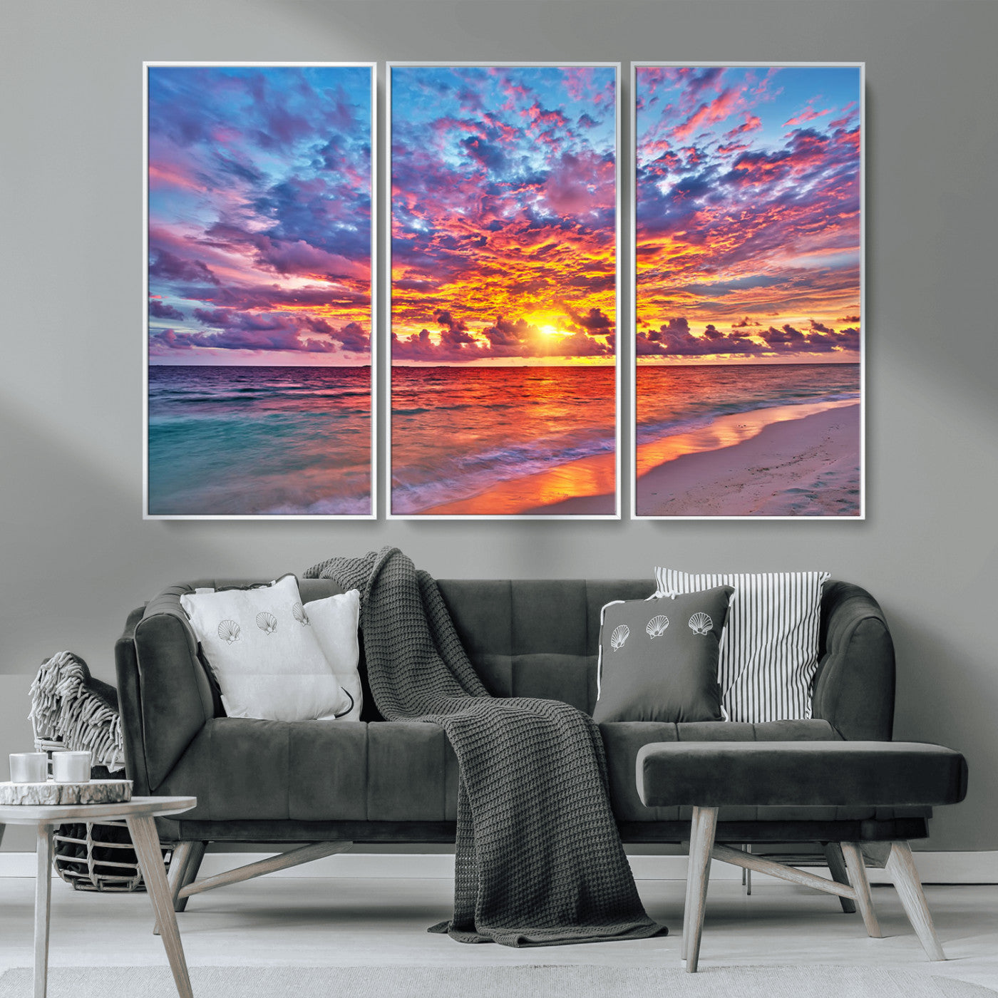 MGV-FC-48X32-3P - Vibrant Sunset Beach Wall Art - Ocean Sunset Canvas Print | Coastal Wall Art Decor Stunning Sunset