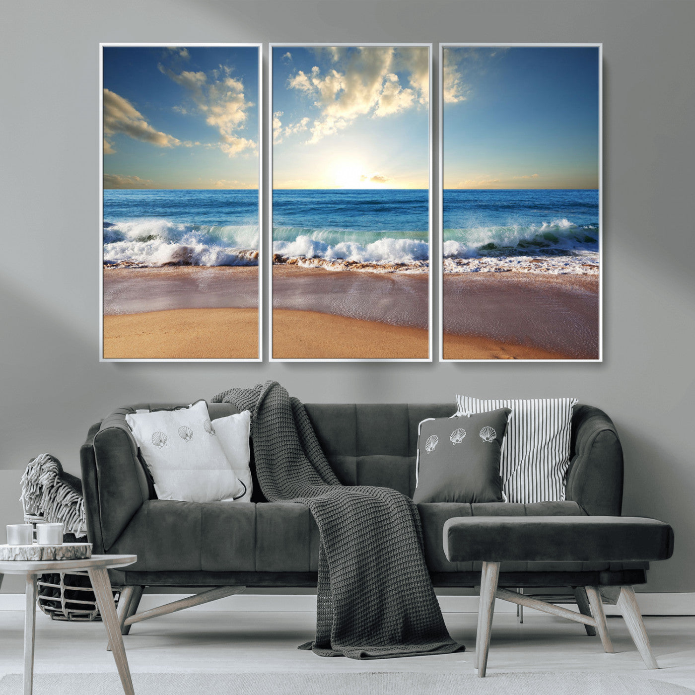 MGV-FC-48X32-3P - Serene Ocean Sunset Canvas Wall Art - Beach Waves at Sunset, Ready to Hang