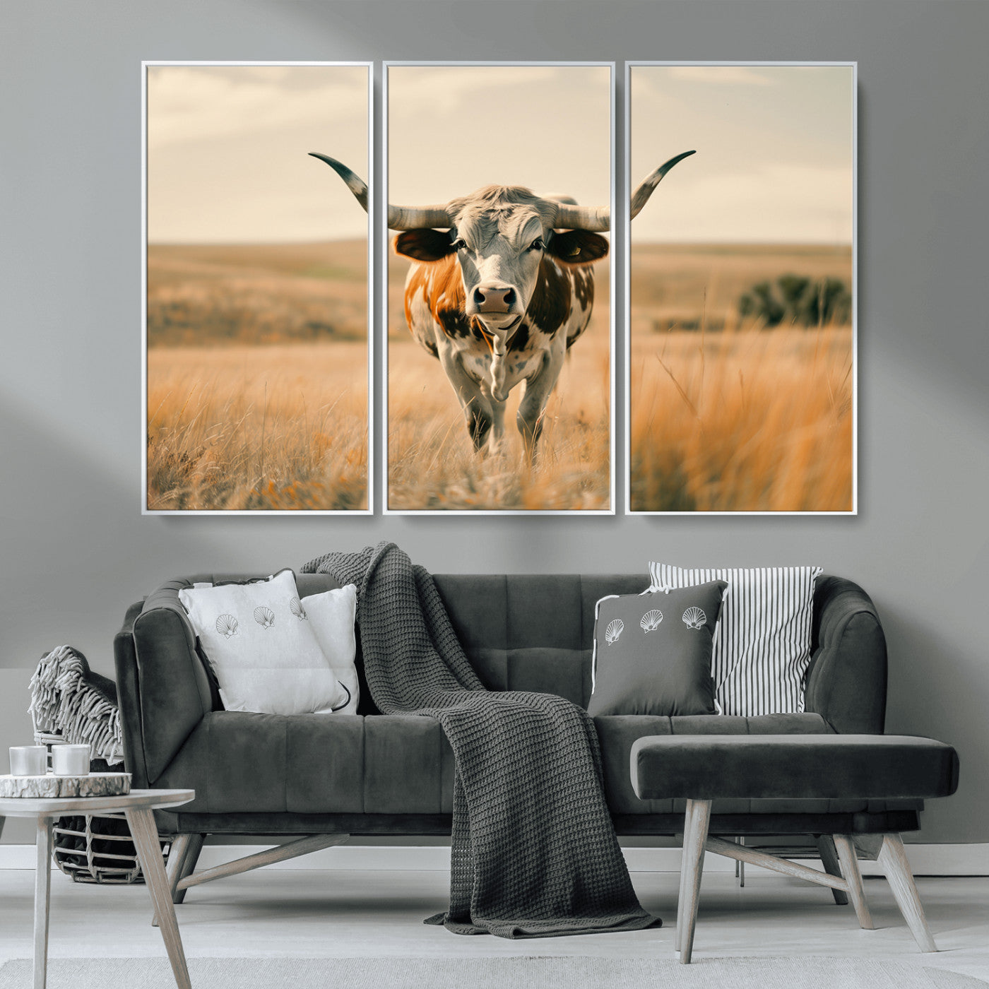 MGV-FC-48X32-3P - Texas Cow Wall Art Canvas Print for Farm House Wall Decor, Farmhouse Wall Art Print