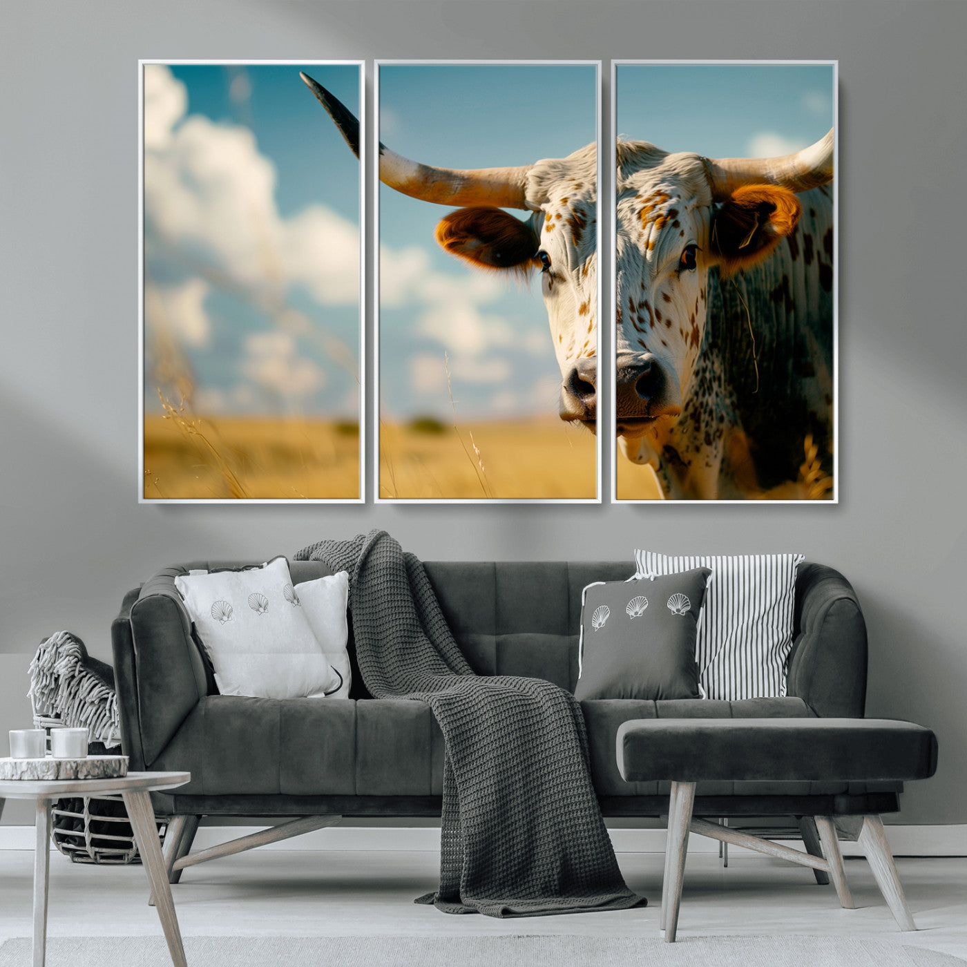 MGV-FC-48X32-3P - Longhorn in the Prairie - Stunning Ranch-Style Triptych Wall Art for Western Home Decor, Cowboy Wall