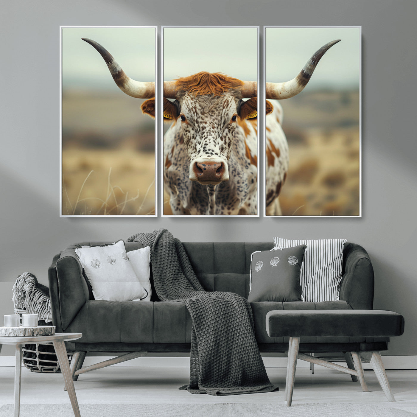 MGV-FC-48X32-3P - Texas Cow Longhorn Wall Art Canvas Print for Farm House Wall Decor, Farmhouse Wall Art Print