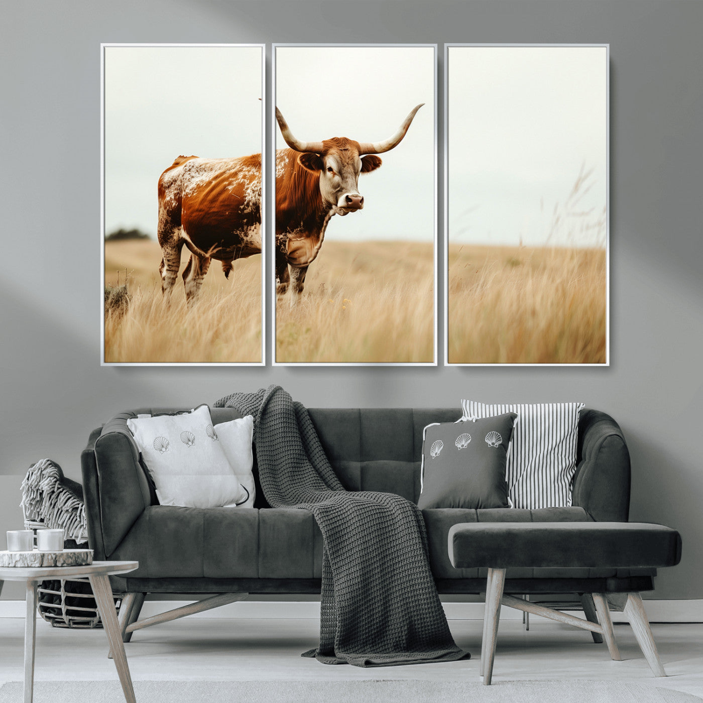 MGV-FC-48X32-3P - Texas Longhorn Canvas Wall Art Print – Majestic Western Cattle in Rustic Farmhouse Decor – Cow Wall