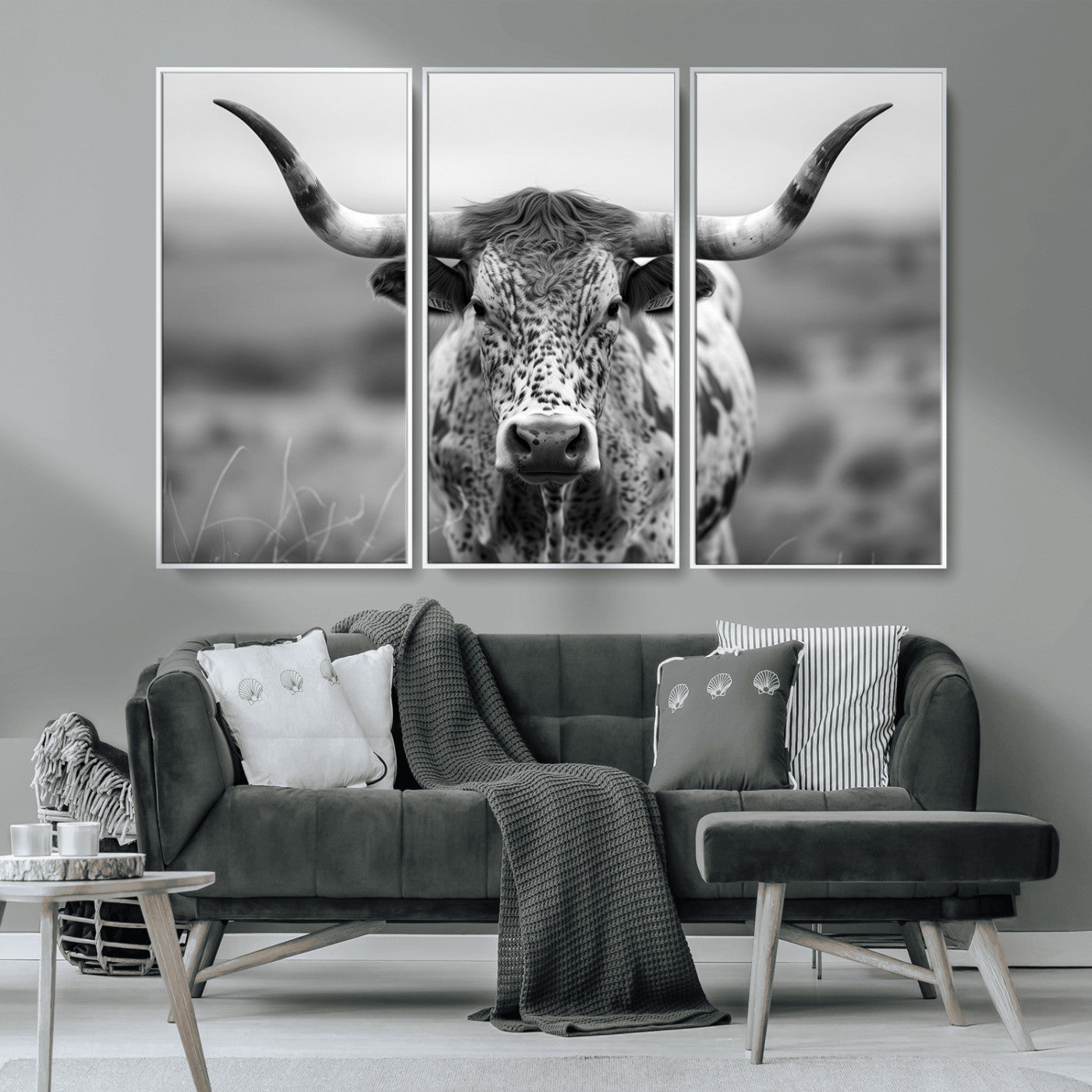MGV-FC-48X32-3P - Texas Cow Longhorn Wall Art Canvas Print for Farm House Wall Decor, Farmhouse Wall Art Print