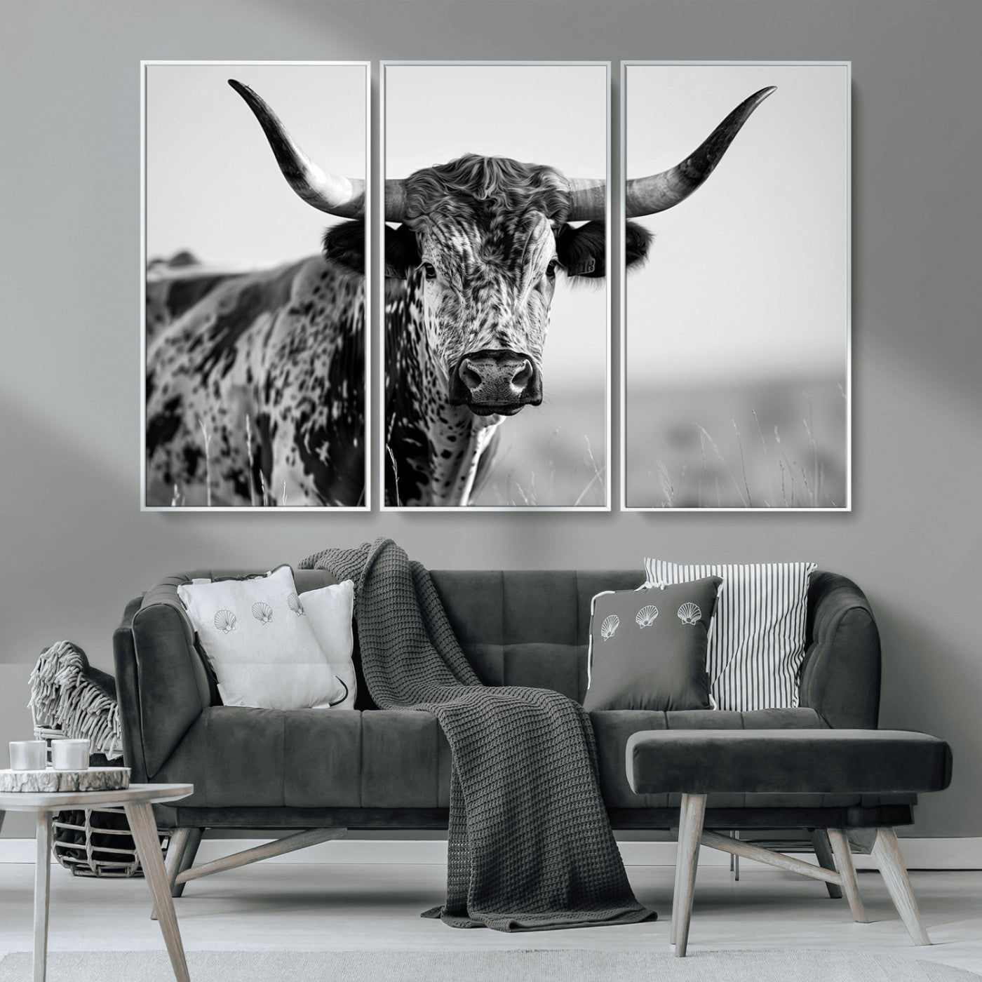 MGV-FC-48X32-3P - Texas Highland Cow Longhorn Canvas Print - Rustic Farmhouse Wall Art - Large Texas Longhorn