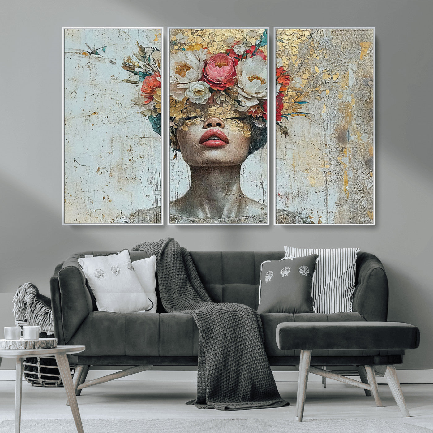 MGV-FC-48X32-3P - Golden Petal Wall Art Canvas Print - Silhouette Woman Wall Art Canvas Print, Floral Woman Portrait
