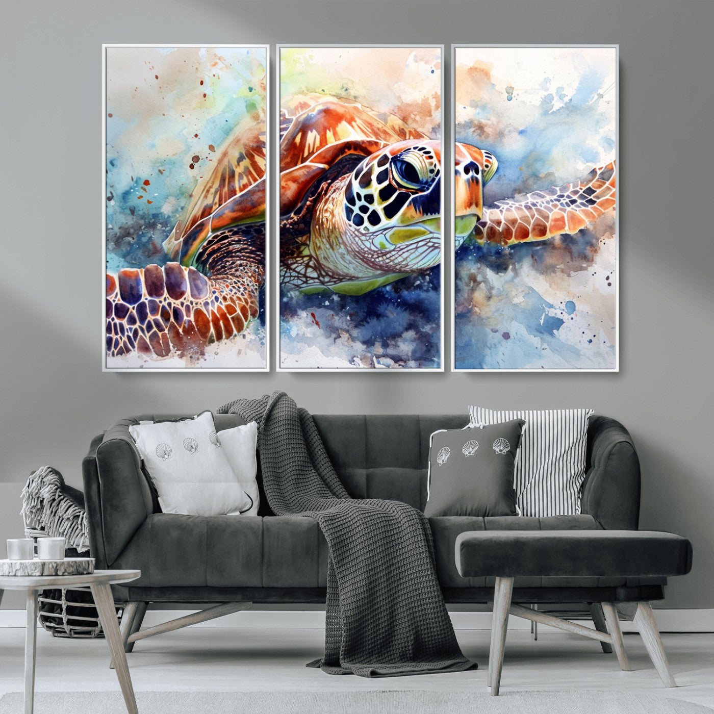 MGV-FC-48X32-3P - Watercolor Sea Turtle Wall Art Canvas Print - Vibrant Ocean Colors in Watercolor Style - Ready to