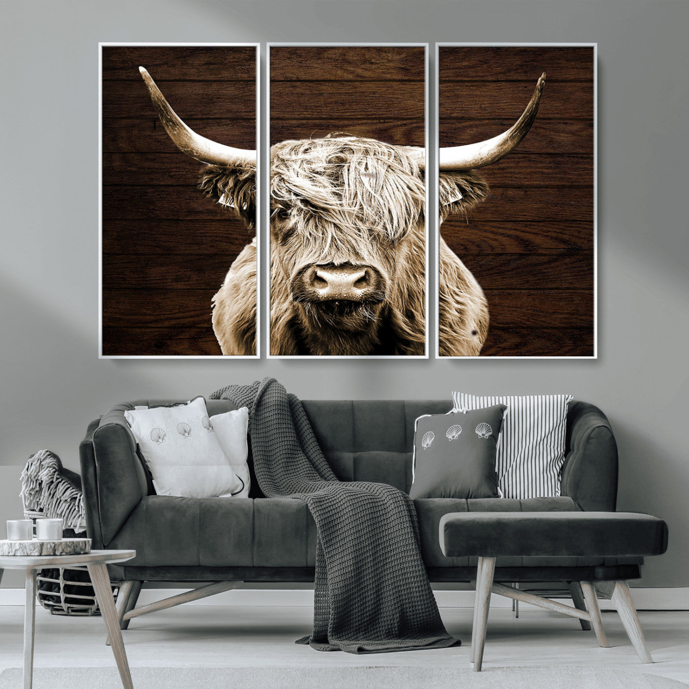MGV-FC-48X32-3P - Highland Cow Wall Art Canvas Print, Rustic Farmhouse Decor, Majestic Scottish Highland Bull Portrait