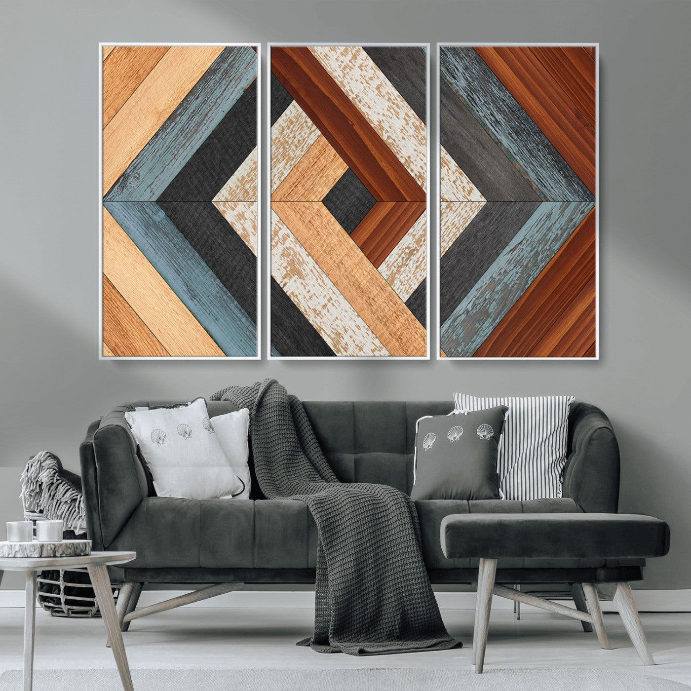 MGV-FC-48X32-3P - Geometric Wood Art Wall Decor Canvas Print, Rustic Wooden Pattern Triptych Wall Art for Living Room
