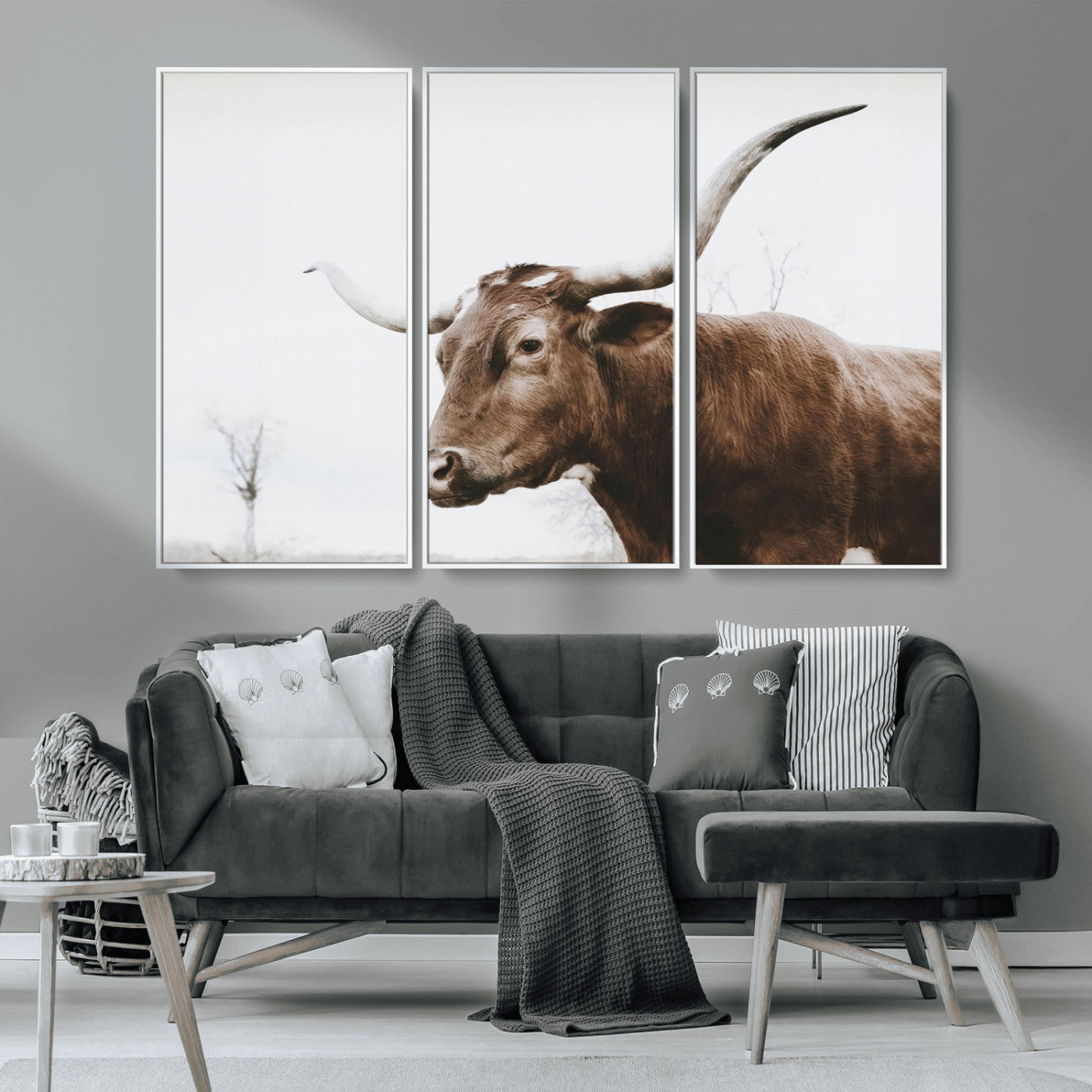 MGV-FC-48X32-3P - Rustic Bull Wall Art Canvas Print – Modern Longhorn Farmhouse Animal Decor – Abstract Farm Cow