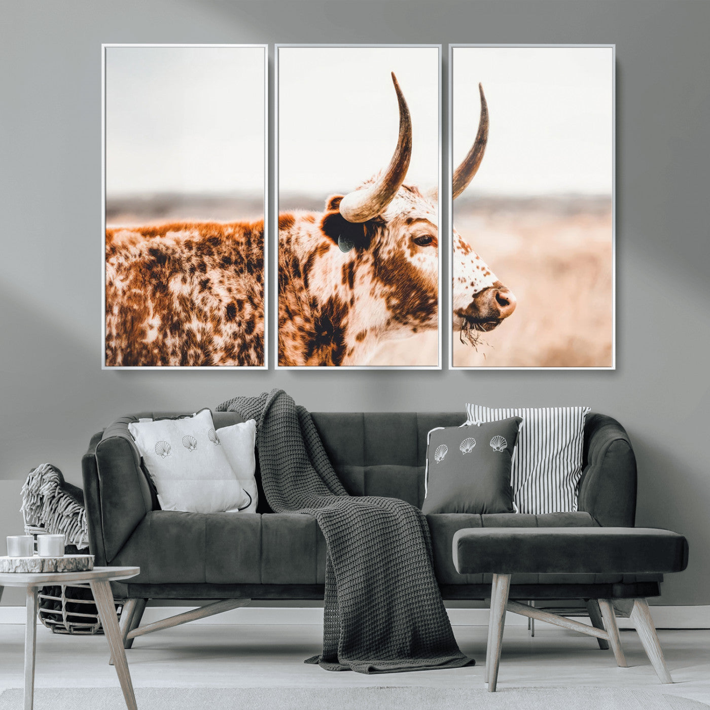 -Speckled Bull Wall Art Canvas Print – Rustic Cow Longhorn Farmhouse Animal Decor – Western Longhorn