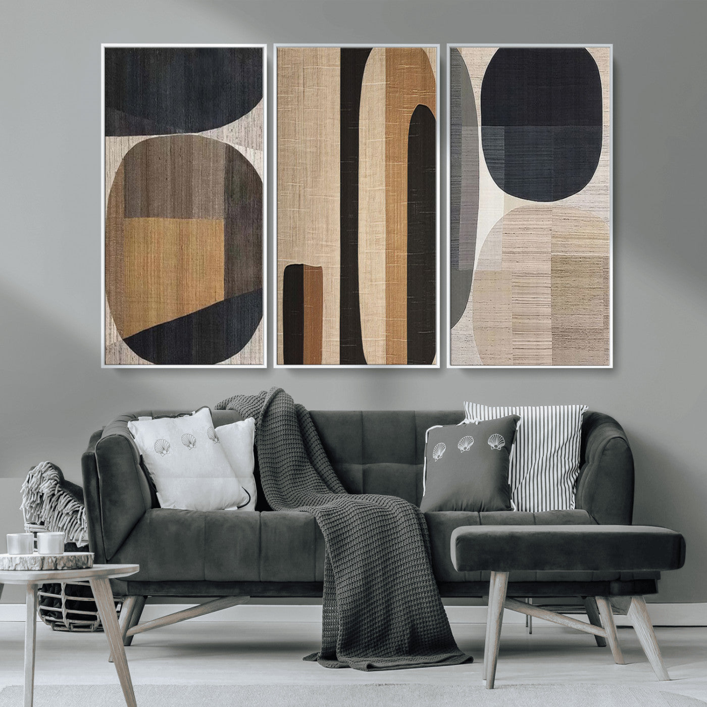 MGV-FC-48X32-3P - Abstract Minimalist Canvas Wall Art - Neutral Geometric Modern Boho Decor, Minimalist Brown Wabi