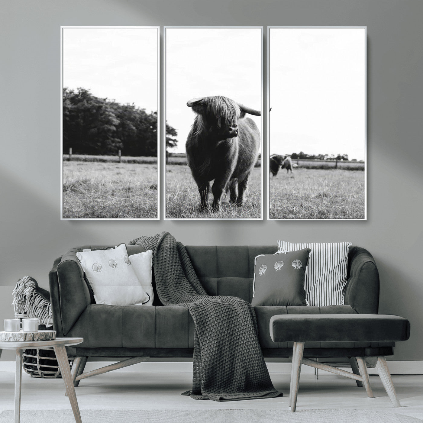 MGV-FC-48X32-3P - Black and White Highland Cow Wall Art Canvas Print | Rustic Western Decor for Living Room or Office,