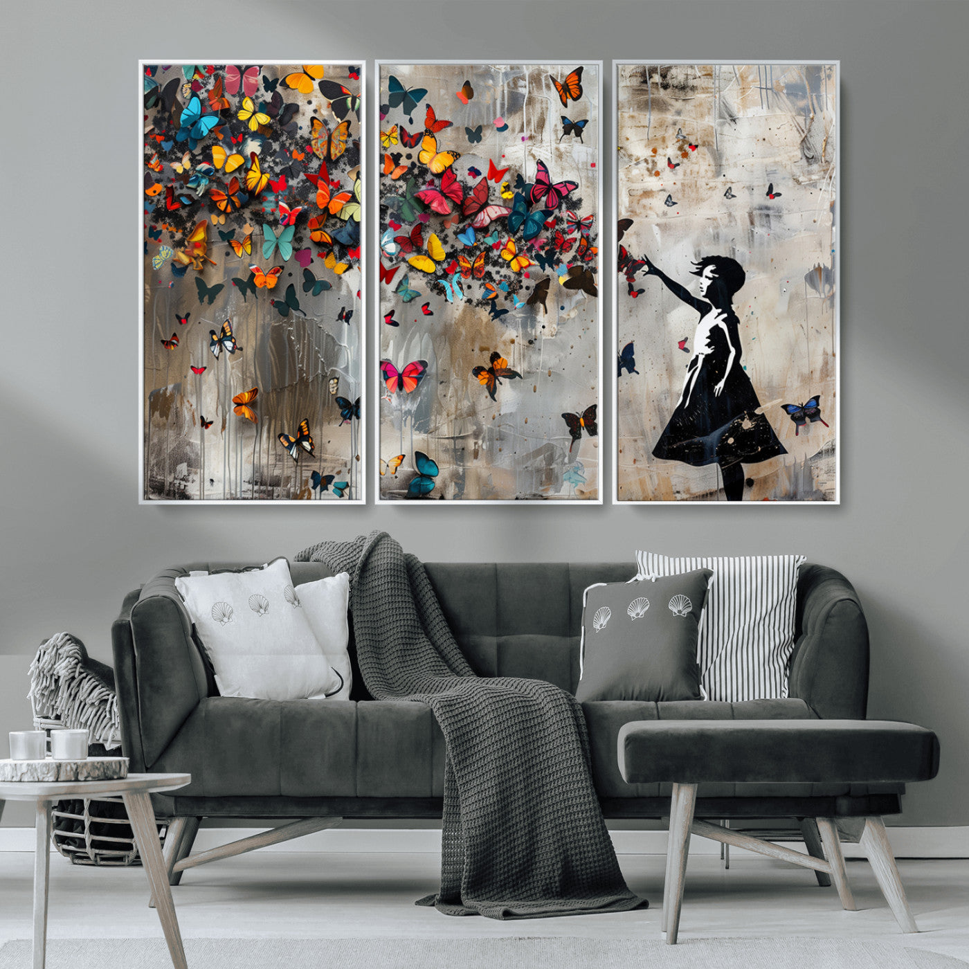 MGV-FC-48X32-3P - Banksy Wall Art - Banksy Girl and Butterfly Explosion Wall Art Canvas Print | Girl with Butterflies