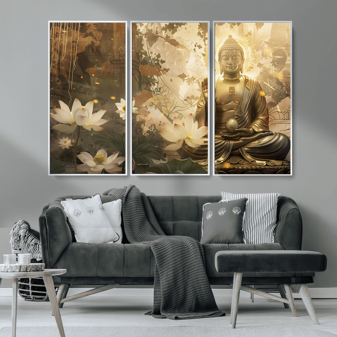 MGV-FC-48X32-3P - Zen Buddha Wall Art Canvas Print | Peaceful Meditation Decor with Lotus Flowers | Spiritual Serenity