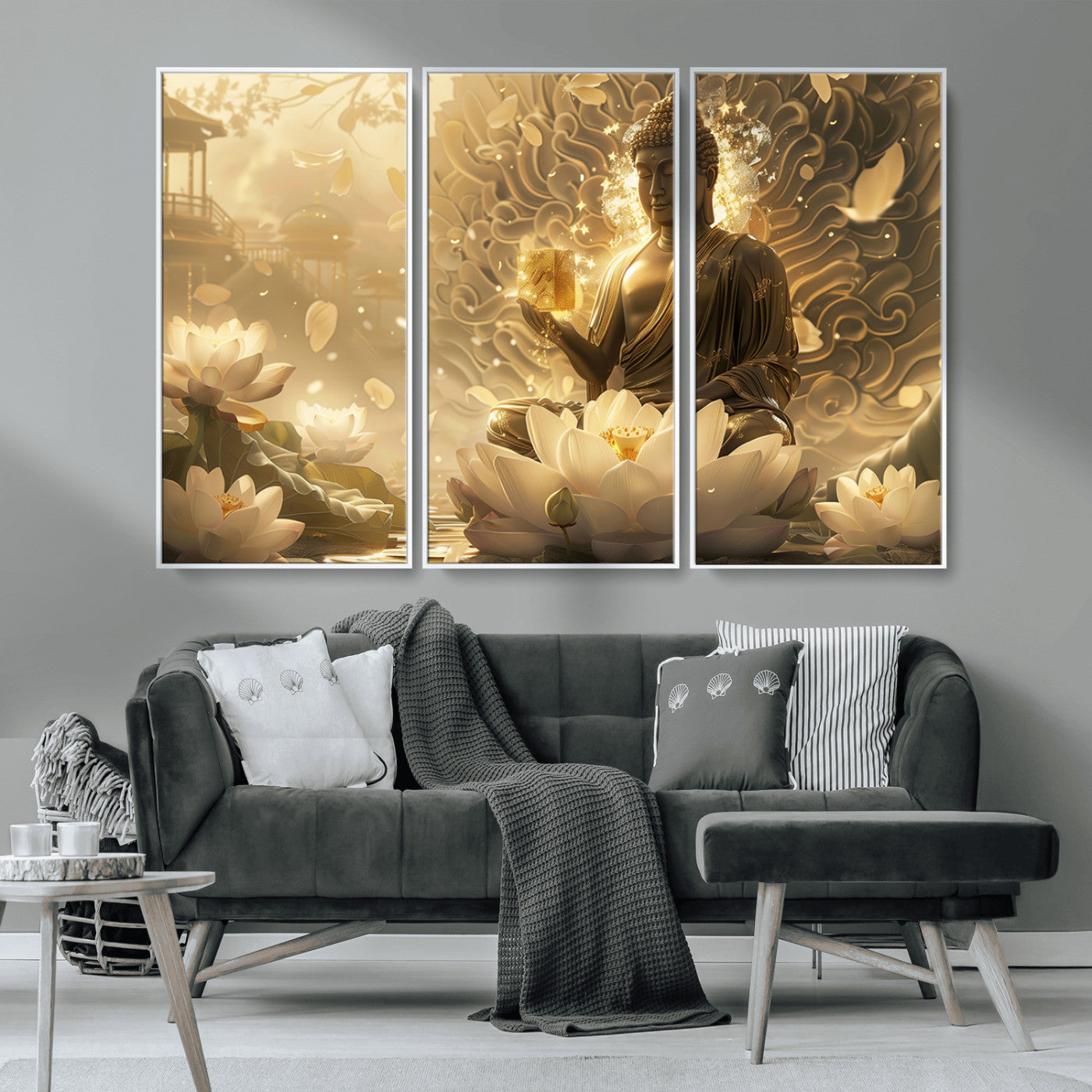 MGV-FC-48X32-3P - Golden Buddha Wall Art | Yoga Room Decor and Meditation Room Wall Art | Framed and Ready to Hang