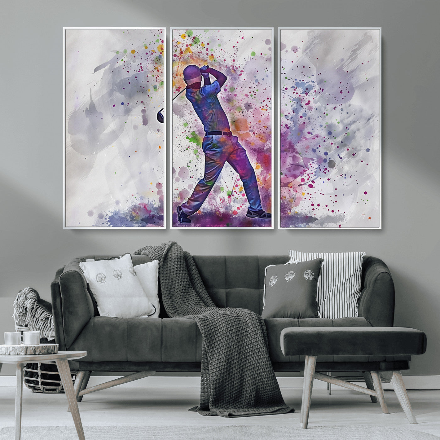 MGV-FC-48X32-3P - Watercolor Golf Swing Wall Art Canvas Print | Vibrant Abstract Golf Player Silhouette |