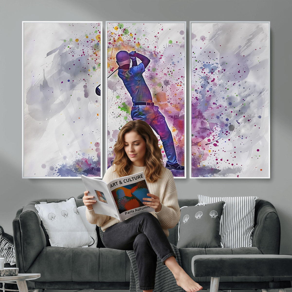 60116-MGV-CV-36X24 - Watercolor Golf Swing Wall Art Canvas Print, Vibrant, Framed and Ready to Hang
