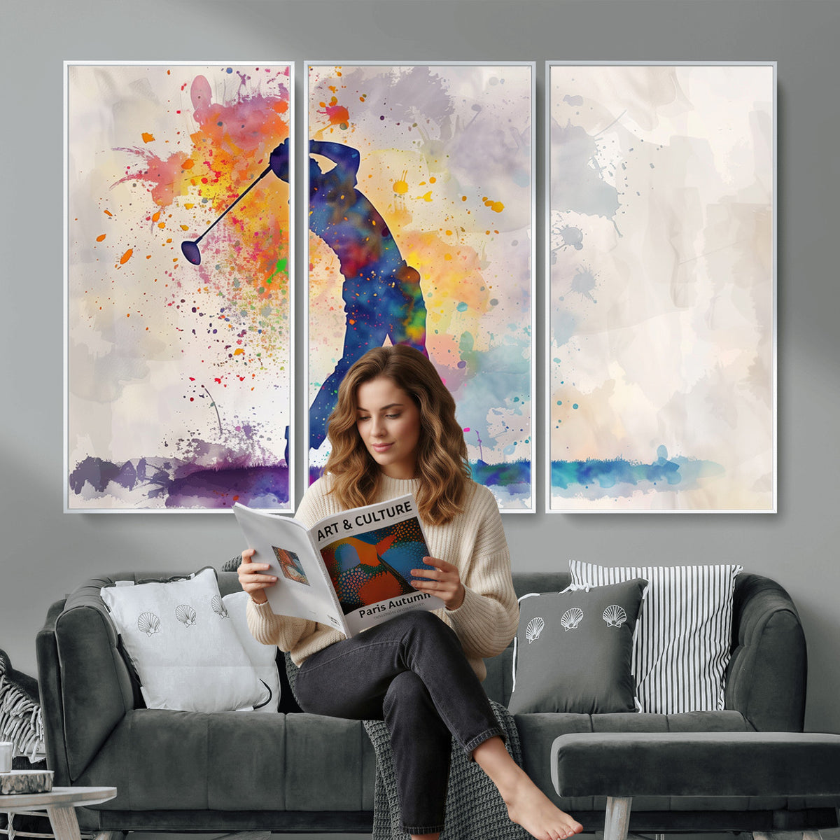 89625-MGV-CV-36X24 - Vibrant Watercolor Golf Swing Wall Art Canvas Print | Extra Large 3 Piece Canvas Wall Art