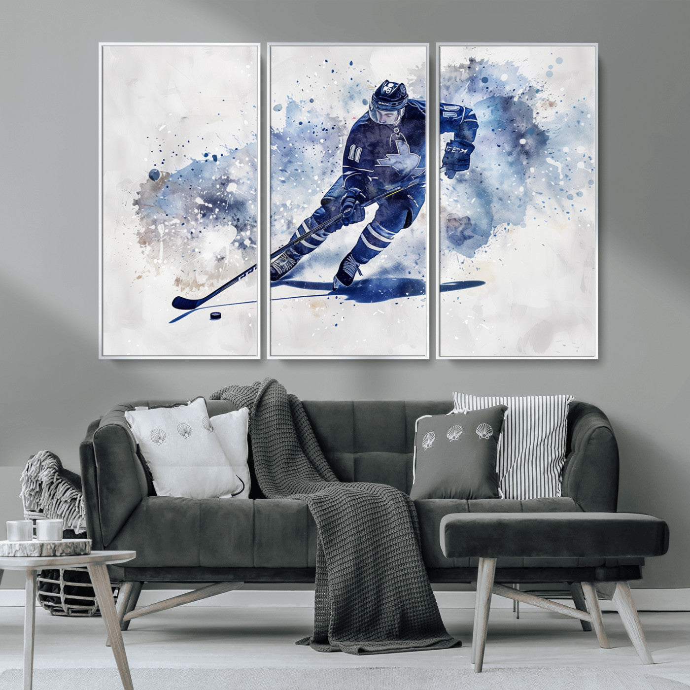 MGV-FC-48X32-3P - Hockey Player Wall Art Canvas Print - Sports-Inspired Watercolor Decor - Ready to Hang