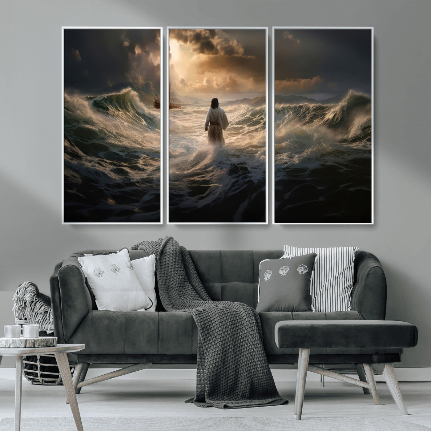 MGV-FC-48X32-3P - Jesus Walking on Water Wall Art Canvas Print - Religious Spiritual Decor - Jesus Wall Art Canvas