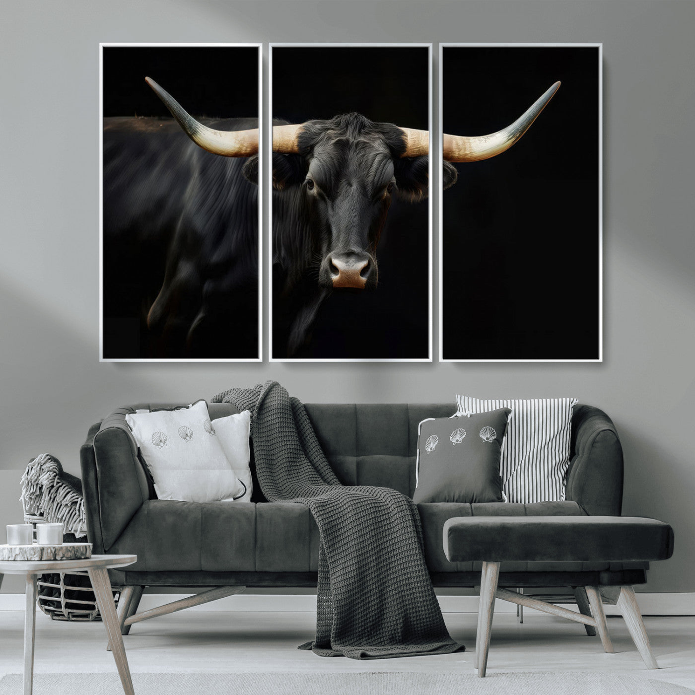 MGV-FC-48X32-3P - Texas Longhorn Cow | Majestic Black Bull Wall Art Canvas Print - Farmhouse Animal Decor - Ready to