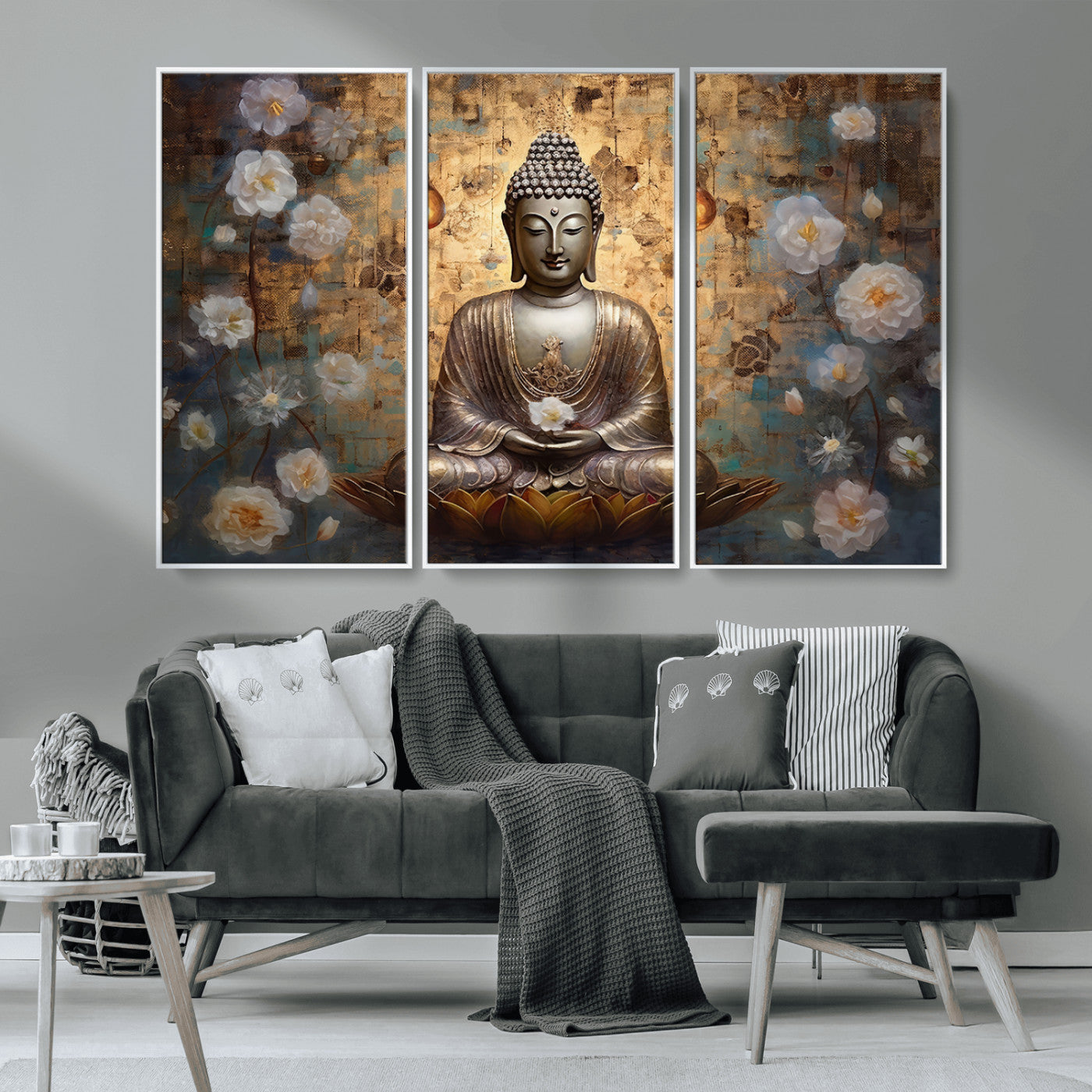 MGV-FC-48X32-3P - Golden Buddha Wall Art Canvas Print | Zen Meditation Floral Decor | Tranquil Spiritual Home Art |