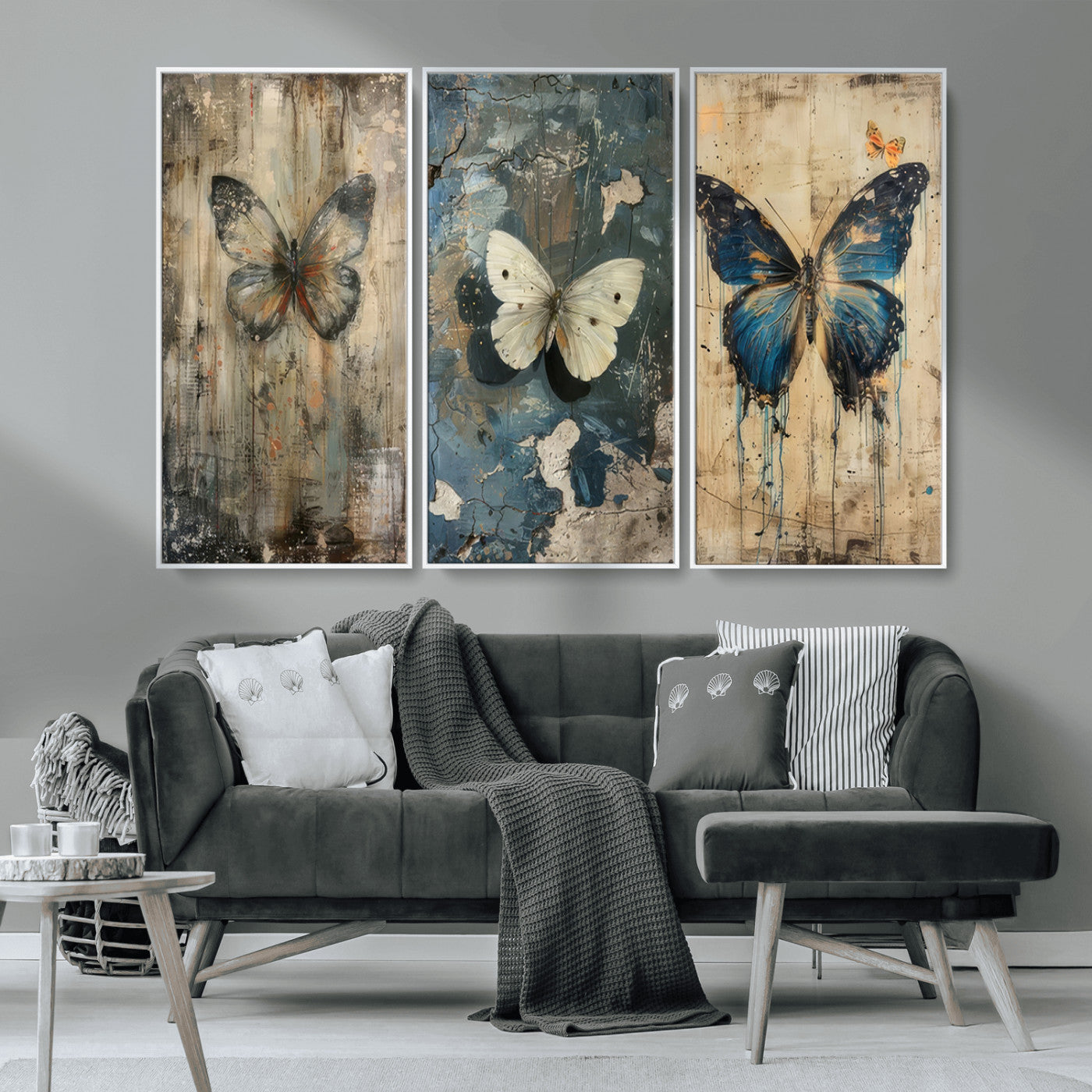 MGV-FC-48X32-3P - Butterfly Wall Art Trio | Vintage Butterfly Canvas Print | Ready to Hang Framed Artwork for
