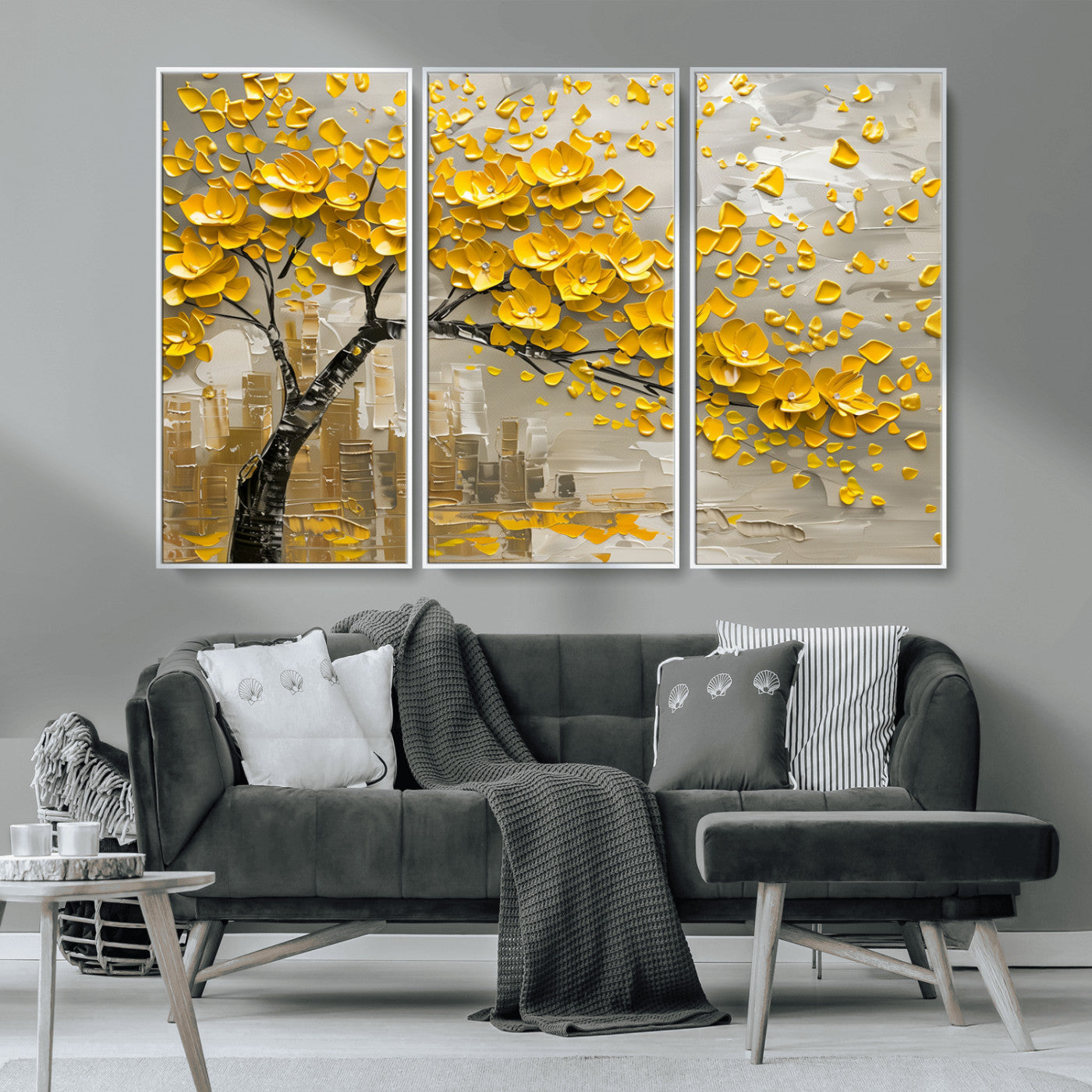 MGV-FC-48X32-3P - Yellow Blossom Tree Canvas Wall Art - Floral Abstract Modern Contemporary Artwork for Living Room or
