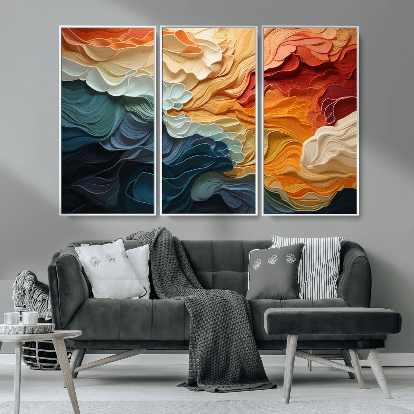 MGV-FC-48X32-3P - Blue Orange Abstract Wave Wall Art Canvas Print, Framed Blue Orange Wave Wall Art