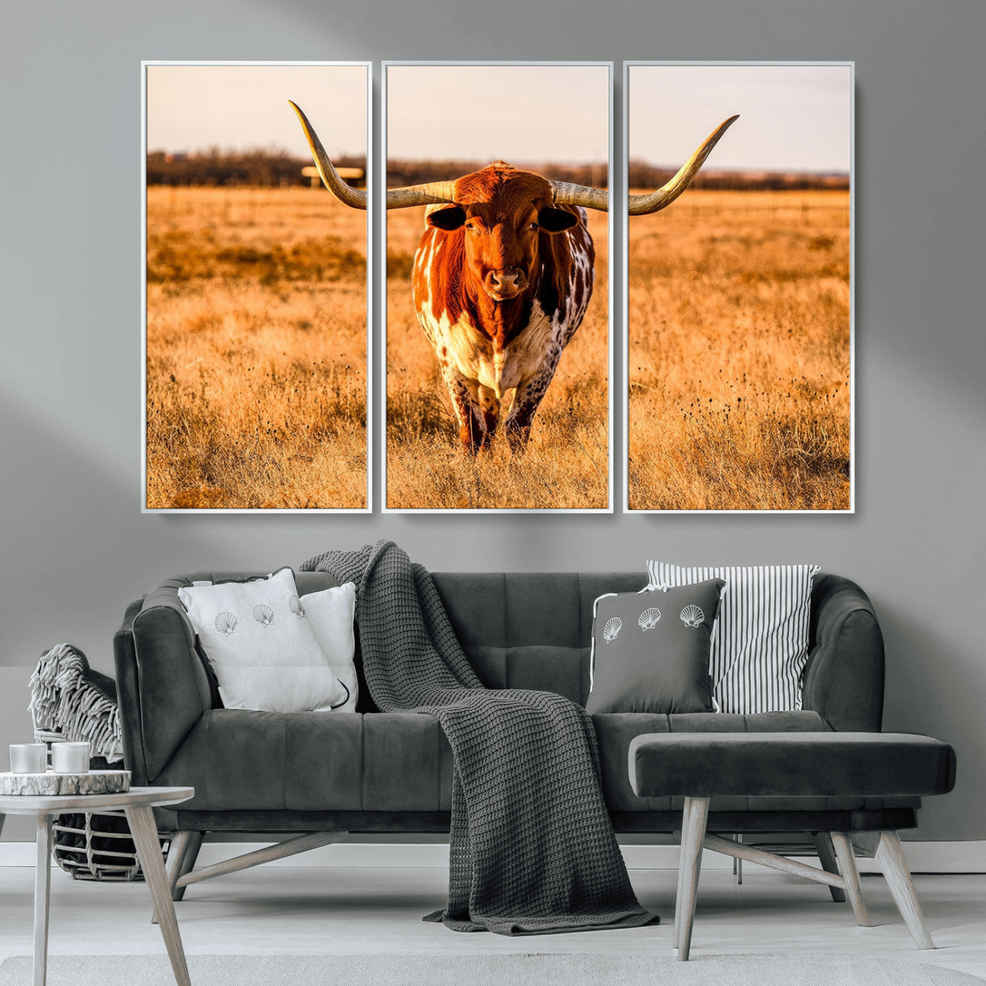 MGV-FC-48X32-3P - Longhorn Cow Wall Art | Ready to Hang Framed Canvas Print for Farmhouse and Barn Decor