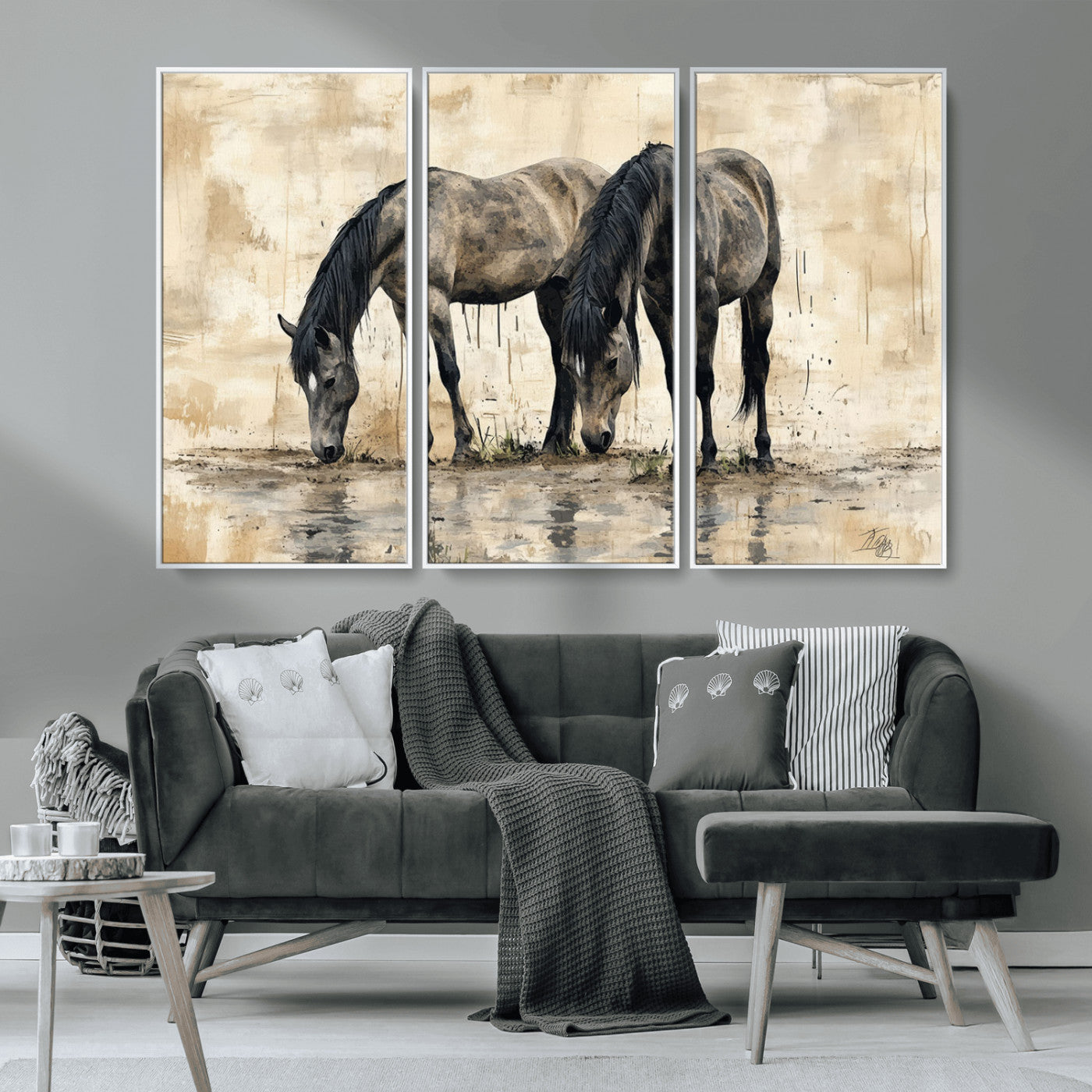 MGV-FC-48X32-3P - Chinese Style Abstract Black Horses Wall Art Canvas Print - Abstract Horse Wall Art Canvas Print