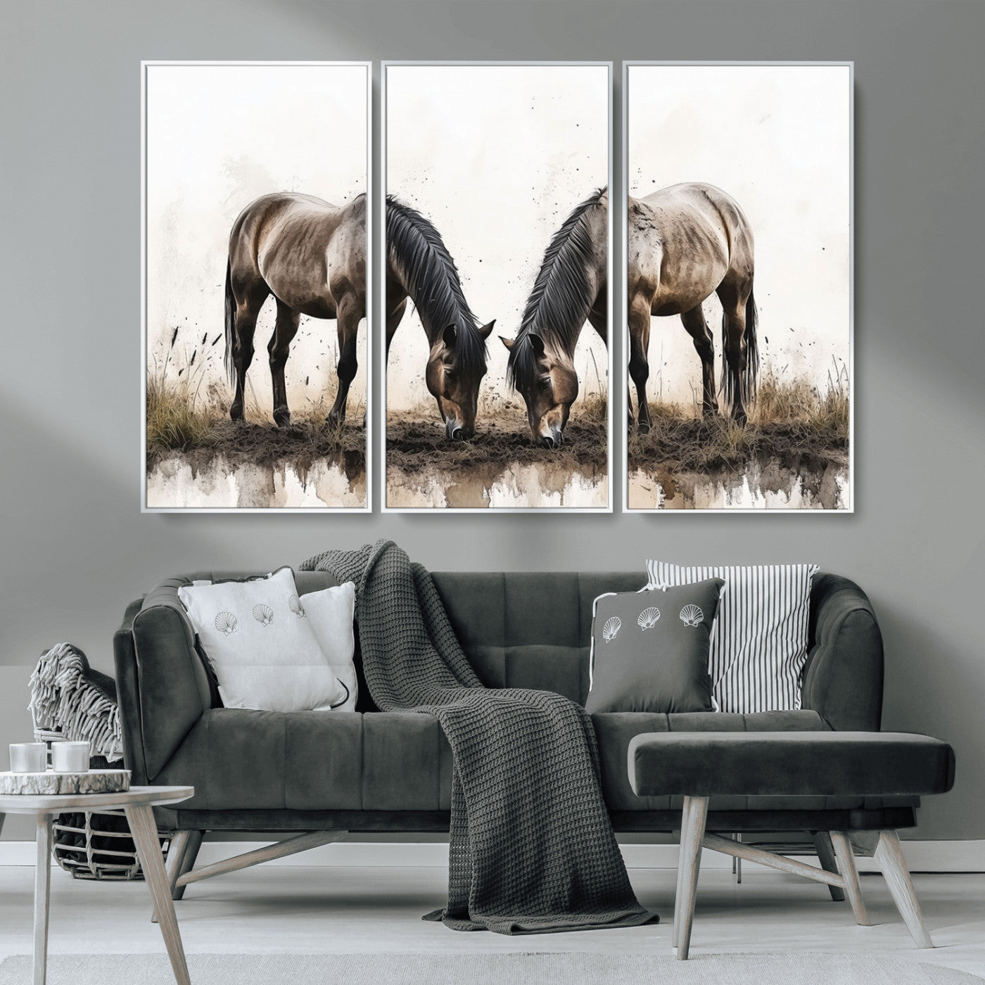 MGV-FC-48X32-3P - Chines Ink Style Horses Wall Art Canvas Print